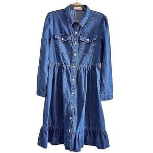 Estzc Womens Blue Denim Long Sleeve Ruffle Hem Babydoll Mini Dress Medium